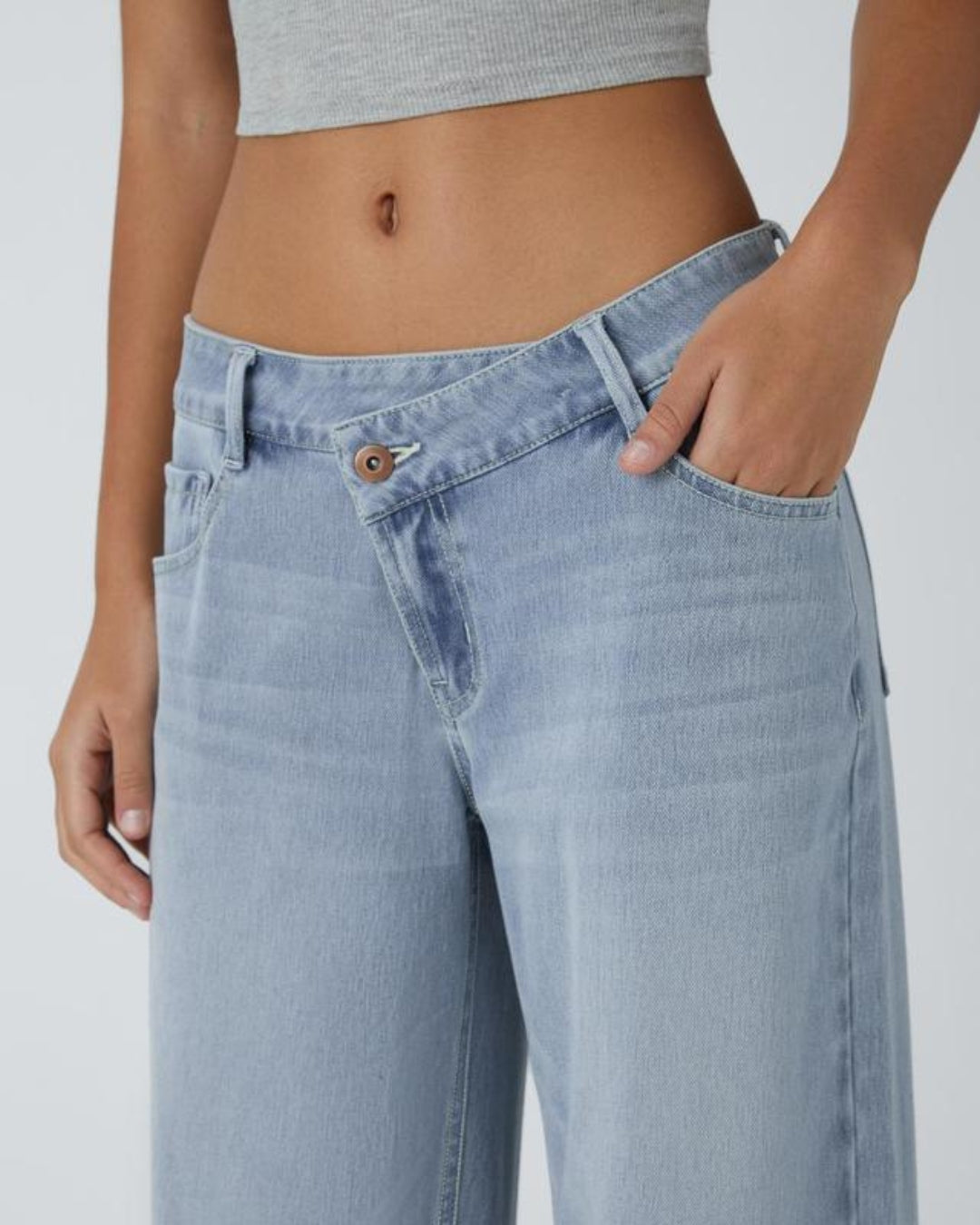 Vibe Asymmetric Low Rise Zipper Pockets Baggy Wide Leg Washed Casual Jeans