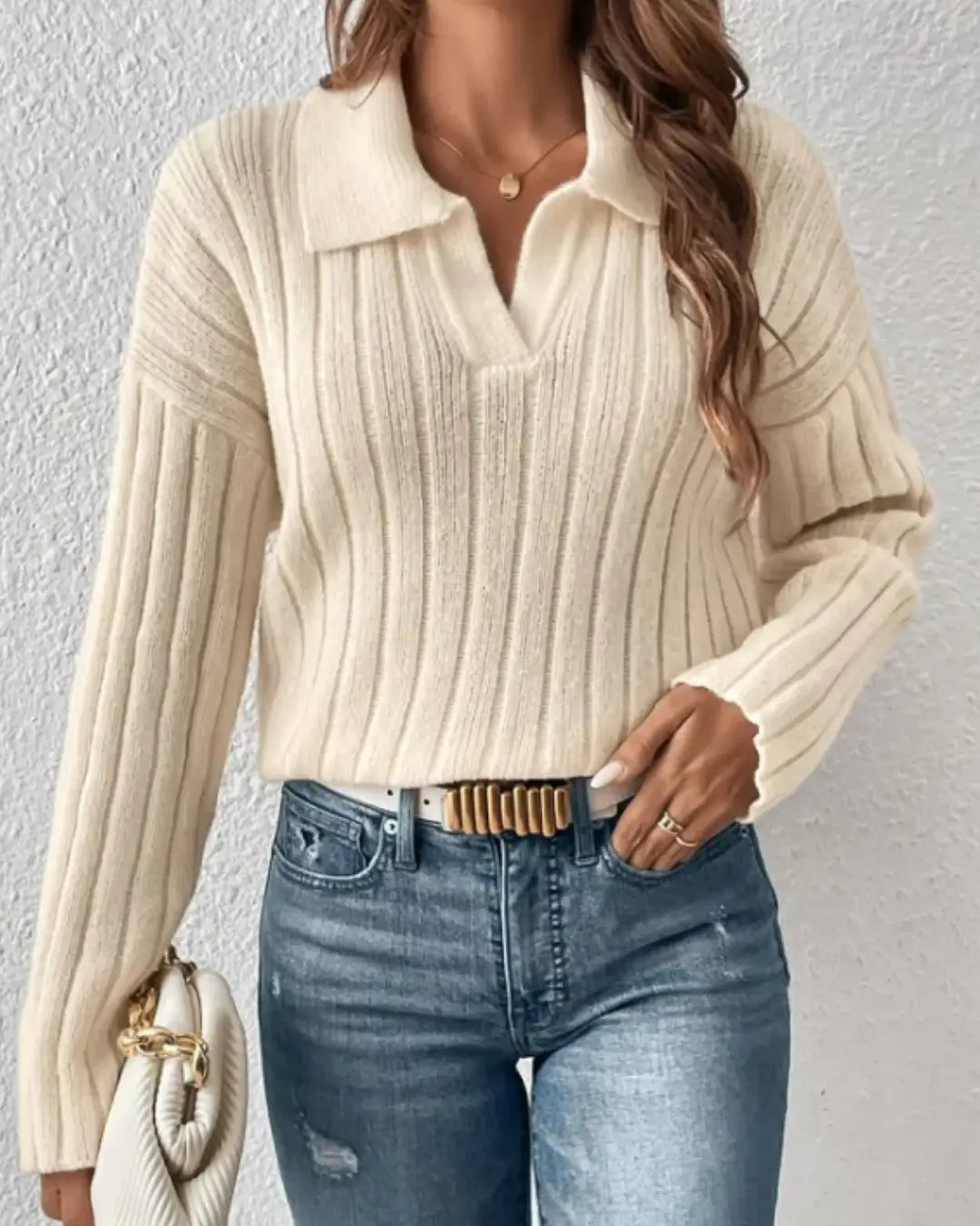 VIBE BEIGE LONG SLEEVE TURN DOWN COLLAR SWEATER VIBE 221
