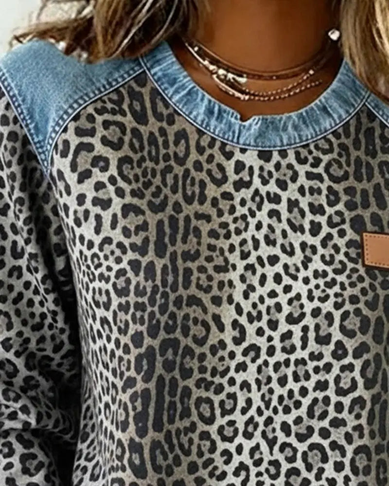 Leopard Print Patchwork Denim Sweater VIBE221