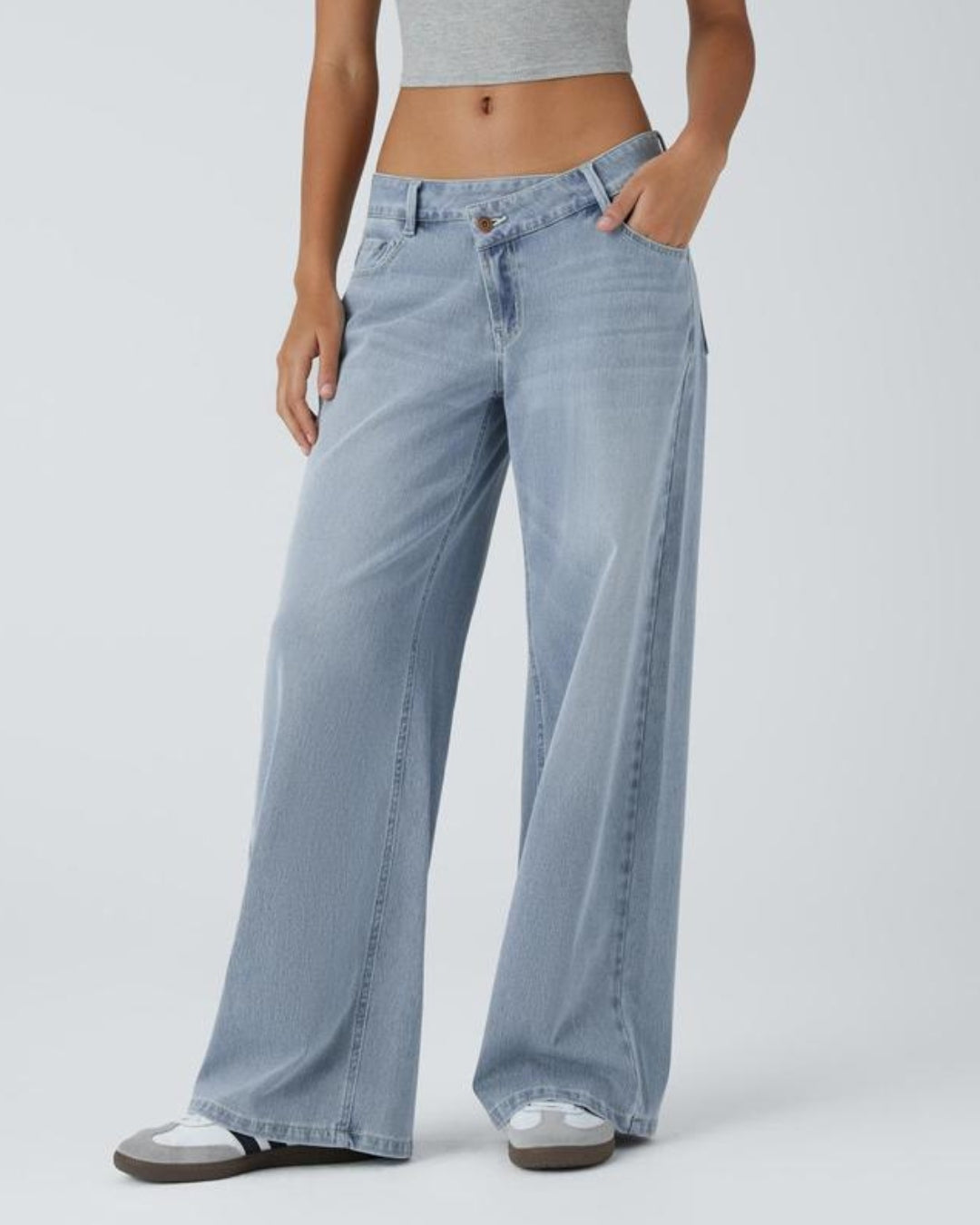 Vibe Asymmetric Low Rise Zipper Pockets Baggy Wide Leg Washed Casual Jeans