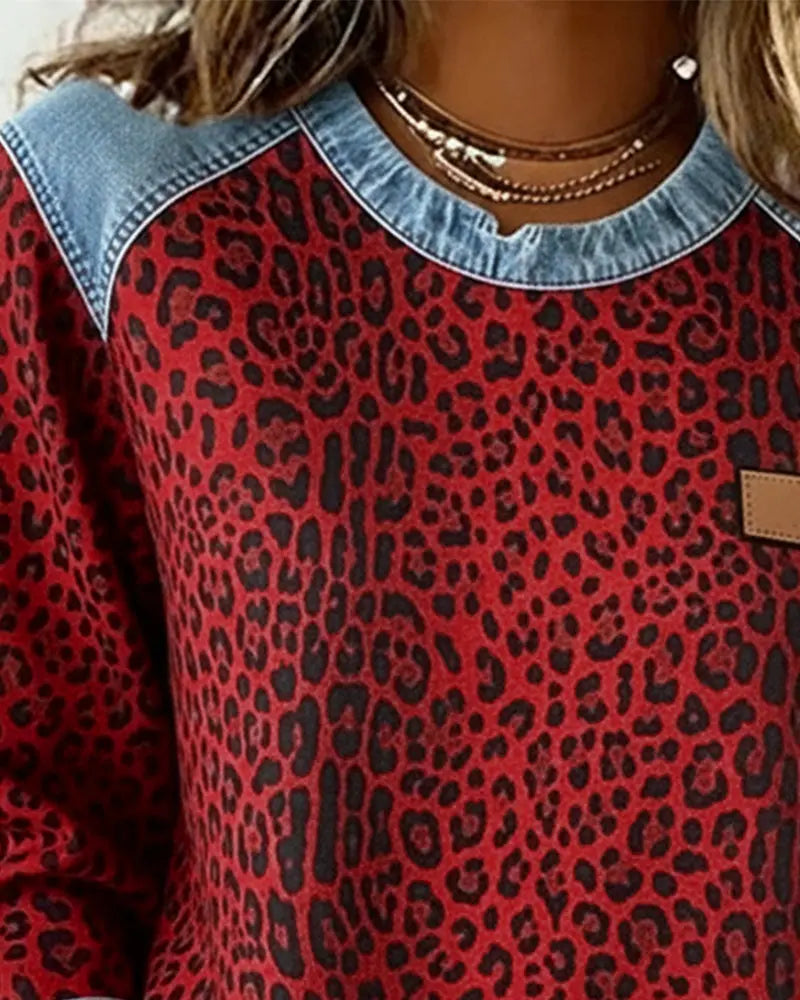 Leopard Print Patchwork Denim Sweater VIBE221