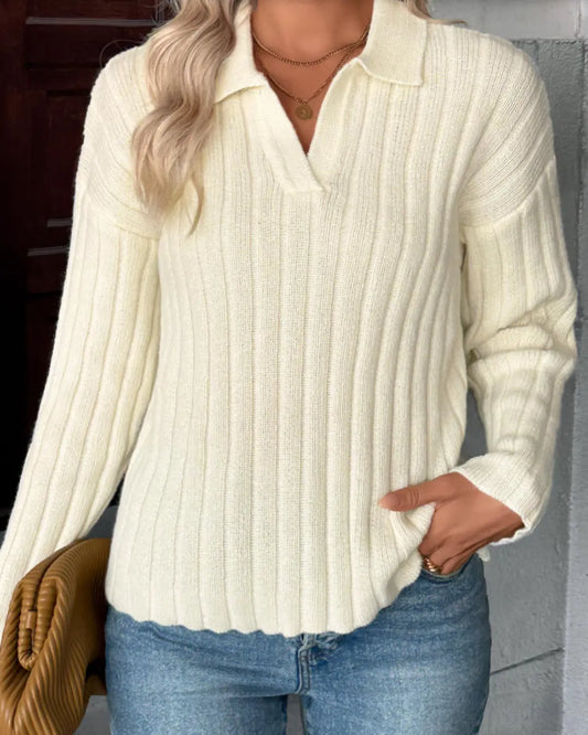 VIBE BEIGE LONG SLEEVE TURN DOWN COLLAR SWEATER VIBE 221