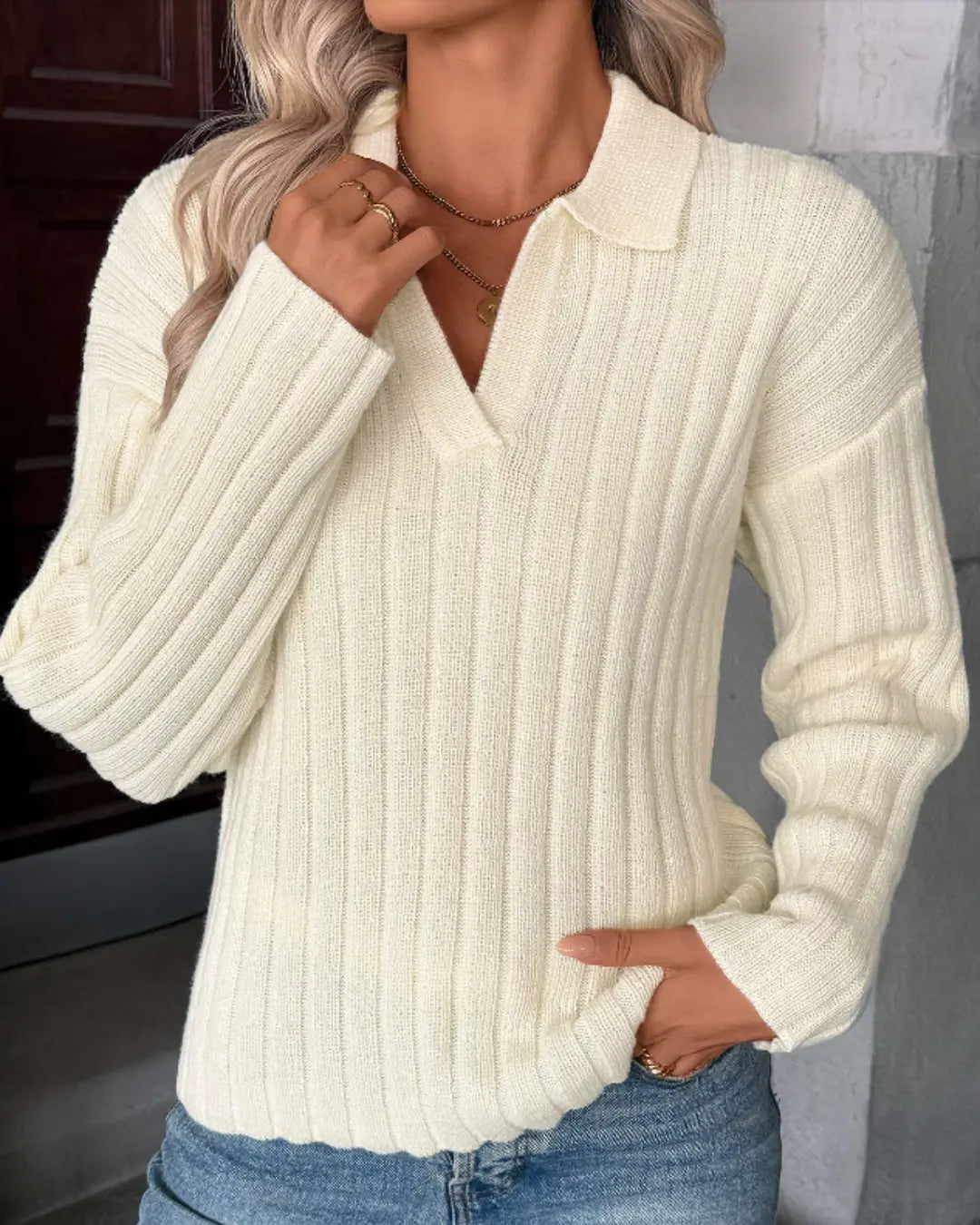 VIBE BEIGE LONG SLEEVE TURN DOWN COLLAR SWEATER VIBE 221