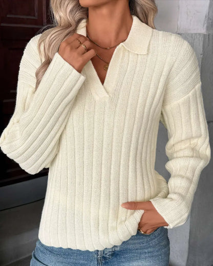 VIBE BEIGE LONG SLEEVE TURN DOWN COLLAR SWEATER VIBE 221