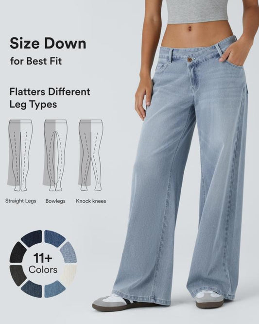 Vibe Asymmetric Low Rise Zipper Pockets Baggy Wide Leg Washed Casual Jeans