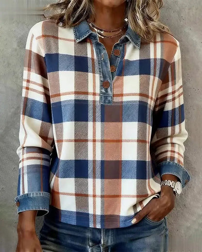 Casual Denim Patchwork Plaid Blouse VIBE221