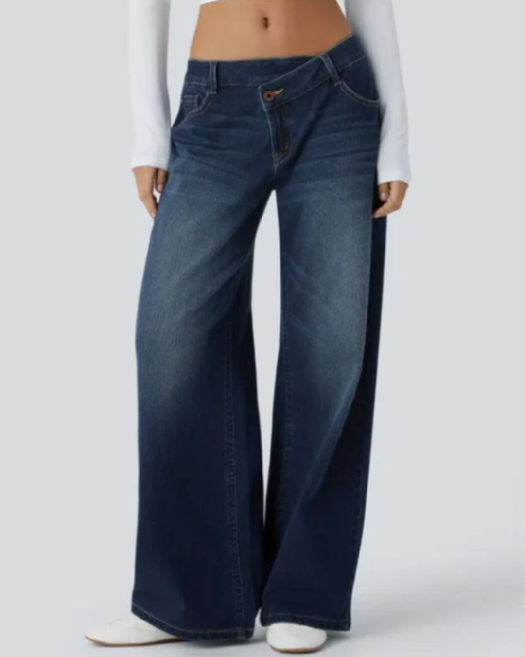 Vibe Asymmetric Low Rise Zipper Pockets Baggy Wide Leg Washed Casual Jeans