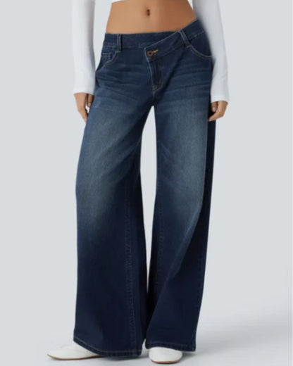 Vibe Asymmetric Low Rise Zipper Pockets Baggy Wide Leg Washed Casual Jeans