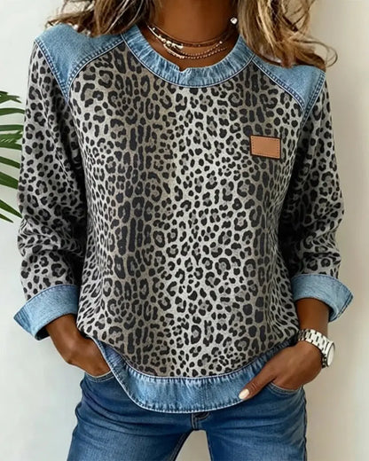 Leopard Print Patchwork Denim Sweater VIBE221