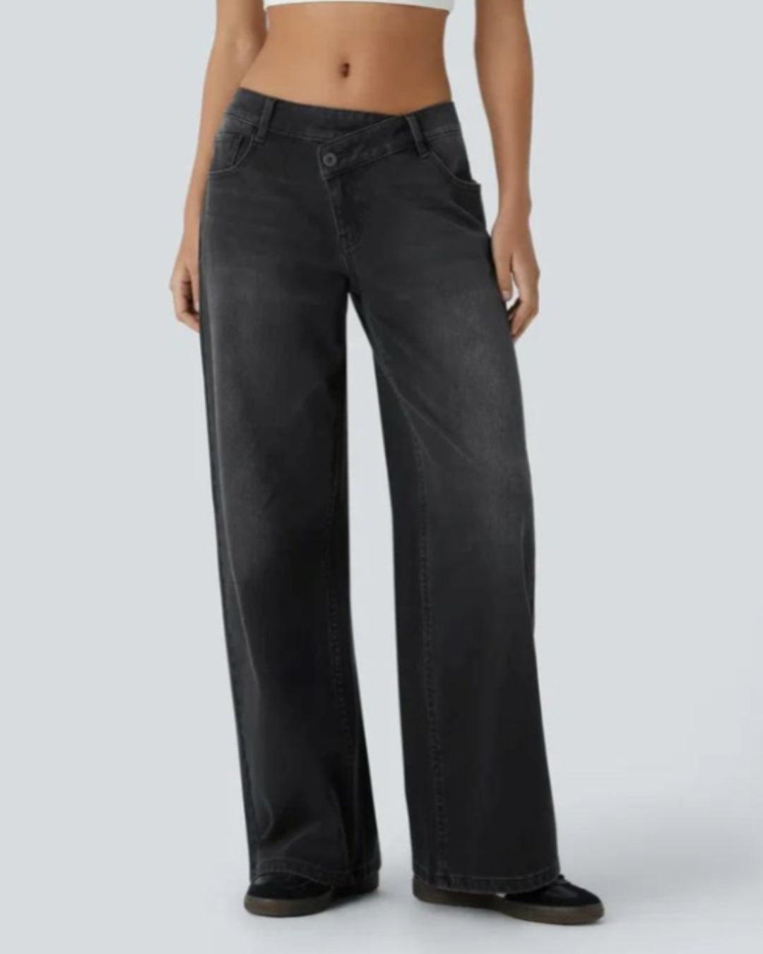 Vibe Asymmetric Low Rise Zipper Pockets Baggy Wide Leg Washed Casual Jeans