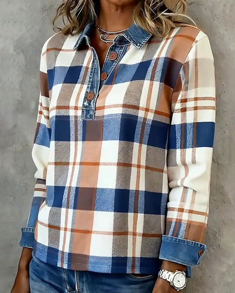 Casual Denim Patchwork Plaid Blouse VIBE221