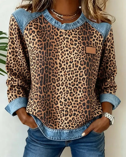 Leopard Print Patchwork Denim Sweater VIBE221