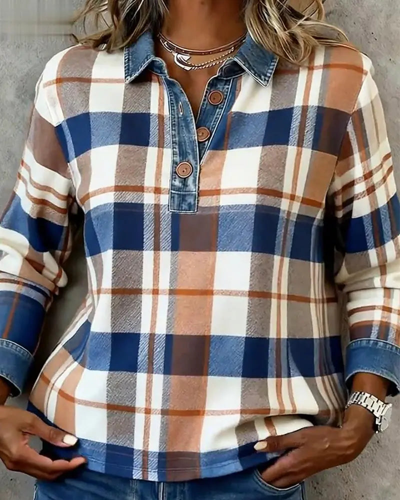 Casual Denim Patchwork Plaid Blouse VIBE221