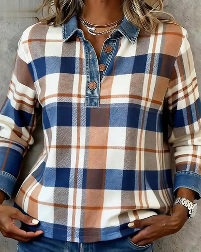 Casual Denim Patchwork Plaid Blouse VIBE221