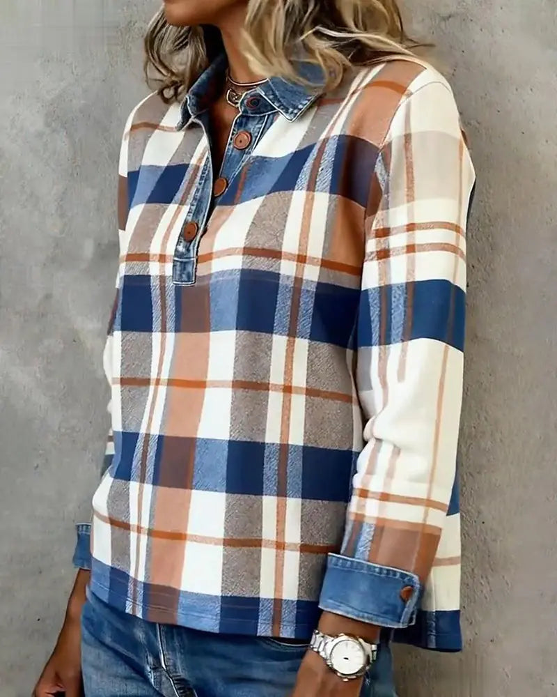 Casual Denim Patchwork Plaid Blouse VIBE221